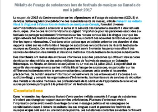 Méfaits de l’usage de substances lors de festivals de musique au Canada de mai à juillet 2017 (Bulletin du RCCET)