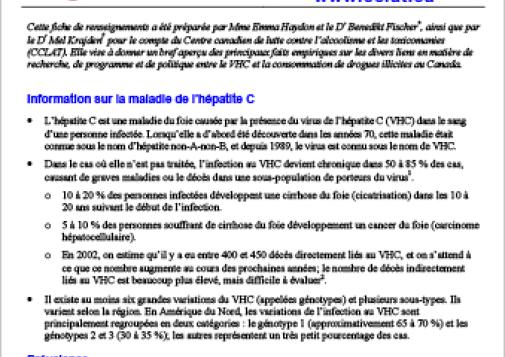 Infection au virus de l’hépatite C (VHC) et consommation de drogues illicites : Fiche de renseignements