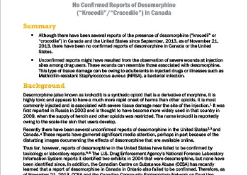 No Confirmed Reports of Desomorphine (“Krocodil”/“Crocodile”) in Canada (CCENDU Bulletin)
