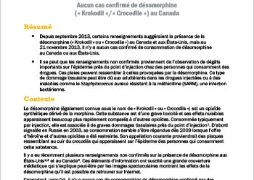 Aucun cas confirmé de désomorphine (« Krokodil »/« Crocodile ») au Canada (Bulletin du RCCET, 21 novembre 2013)