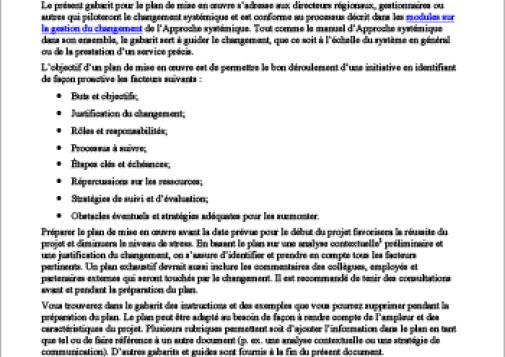 Manuel d’Approche systémique : Gabarit pour le plan de mise en œuvre