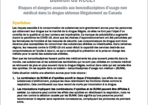 Risques et dangers associés aux benzodiazépines d’usage non médical dans la drogue obtenue illégalement au Canada (Bulletin du RCCET)