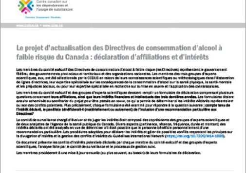 Le projet d’actualisation des Directives de consommation d’alcool à faible risque du Canada : déclaration d’affiliations et d’intérêts