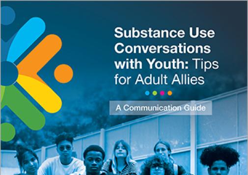 Cover page of the report titled “Substance Use Conversations with Youth: Tips for Adult Allies — A Communication Guide.” The background features a group of diverse youth sitting together. The top left corner displays the right half of the CCSA logo. The CCSA logo appears again at the bottom left with the tagline "Evidence. Engagement. Impact."