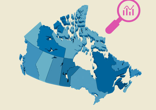 Map of Canada with icon of a magnifying glass circling a data trend.