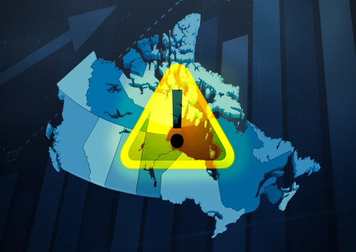 Map of Canada with a caution symbol on top. 