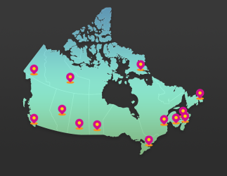 Carte du Canada avec des épingles rouges placées dans différentes régions.