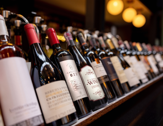 A row of assorted wine bottles displayed on a wooden bar counter under warm lighting in a cozy setting.