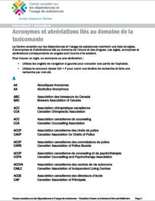 Acronymes et abréviations liés au domaine de la toxicomanie