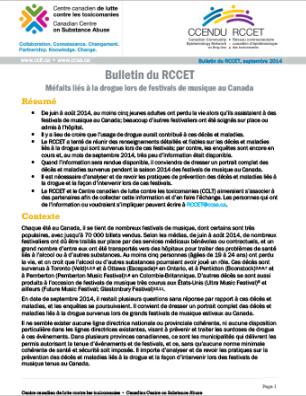 Méfaits liés à la drogue lors de festivals de musique au Canada, Juin à Août 2014 (Bulletin du RCCET)