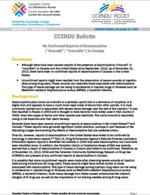 No Confirmed Reports of Desomorphine (“Krocodil”/“Crocodile”) in Canada (CCENDU Bulletin)