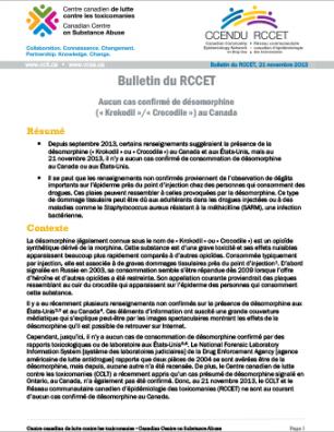 Aucun cas confirmé de désomorphine (« Krokodil »/« Crocodile ») au Canada (Bulletin du RCCET, 21 novembre 2013)