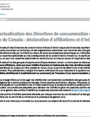 Le projet d’actualisation des Directives de consommation d’alcool à faible risque du Canada : déclaration d’affiliations et d’intérêts