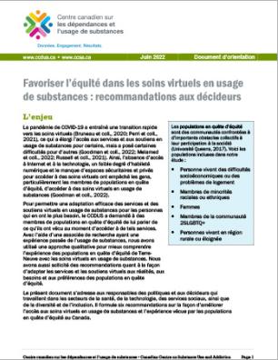 Favoriser l’équité dans les soins virtuels en usage de substances : recommandations aux décideurs