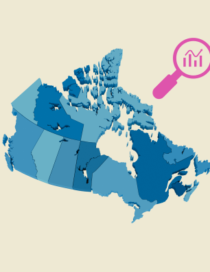 Map of Canada with icon of a magnifying glass circling a data trend.