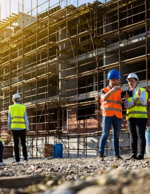 Construction workers in safety gear discussing plans at a building site with scaffolding in the background during sunset.