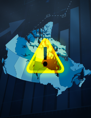 Map of Canada with a caution symbol on top. 