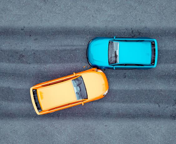 Two cars in a collision.
