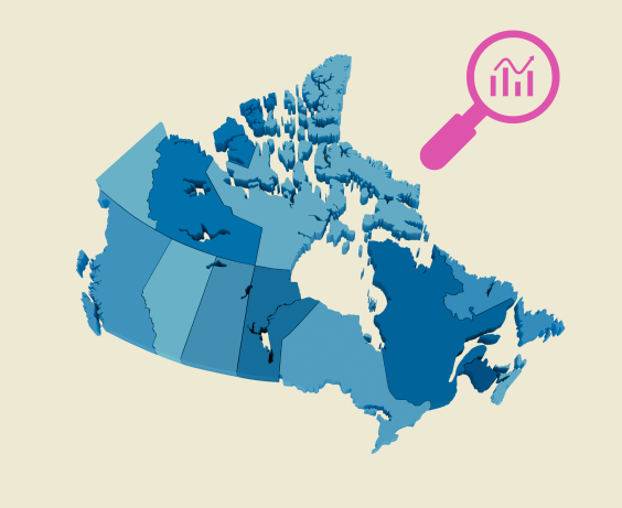 Map of Canada with icon of a magnifying glass circling a data trend. 