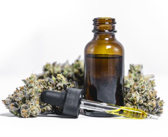 Amber glass bottle with a dropper filled with cannabis oil surrounded by dried cannabis buds on a white background.