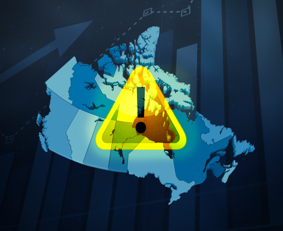 Map of Canada with a caution symbol on top. 